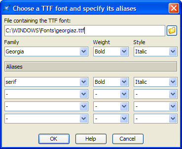 The "Choose a TTF font and specify its aliases" dialog box