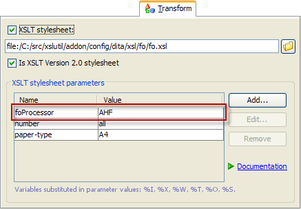 DitaToXXX example: add the foProcessor XSLT stylesheet parameter