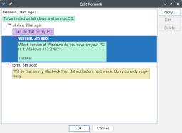 The remark editor now lets the user reply to a remark made by another user or modify her/his own remark or delete it