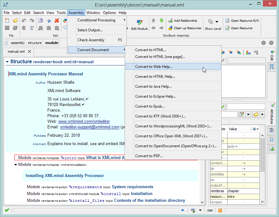 An assembly opened in XMLmind XML Editor