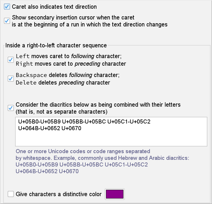 The "Bidi Support" preference sheet