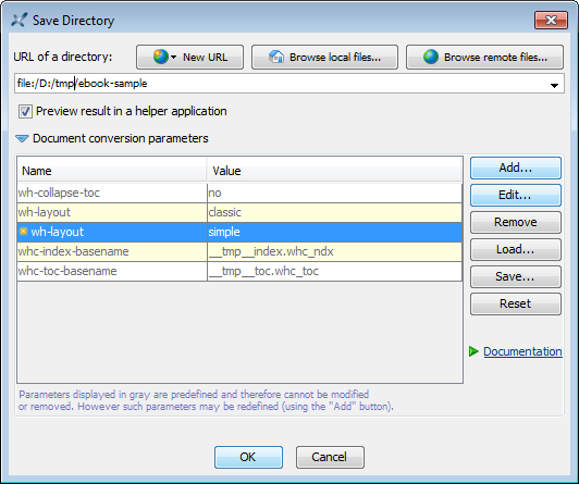 The 'Document conversion parameters' panel