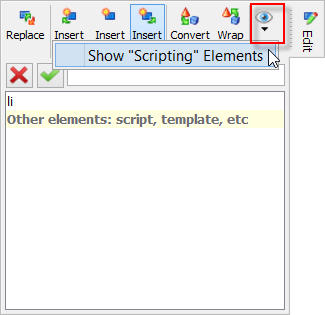 Menu when an XHTML5 document is opened in XXE (inserting an element after a li)