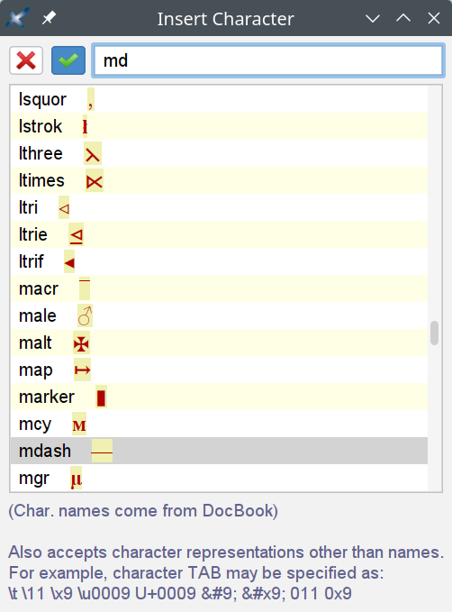 The dialog box displayed by the "Insert special character by name" button