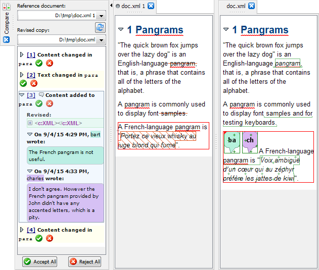 The Compare tool showing the differences existing between doc.xml 1 (initial revision) and doc.xml (latest revision), displayed side by side