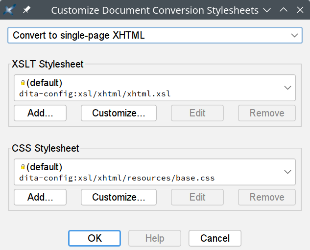 The "Customize Document Conversion Stylesheets" dialog box showing the stylesheets used when a DITA map is converted to single-page XHTML