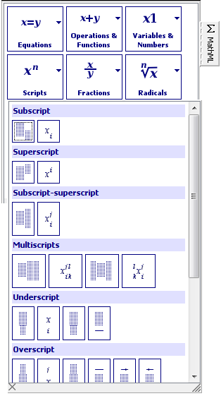 Clicking on the "xn Scripts" button in the MathML tool displays the Scripts palette