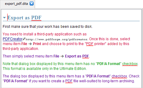Styled view of export_pdf.dita after it has been associated to profile set editions.profiles