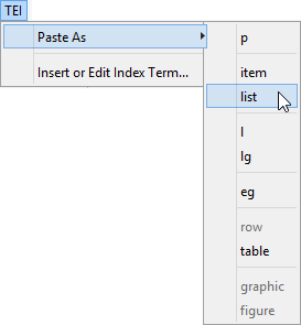 The "TEI|Paste As" sub-menu