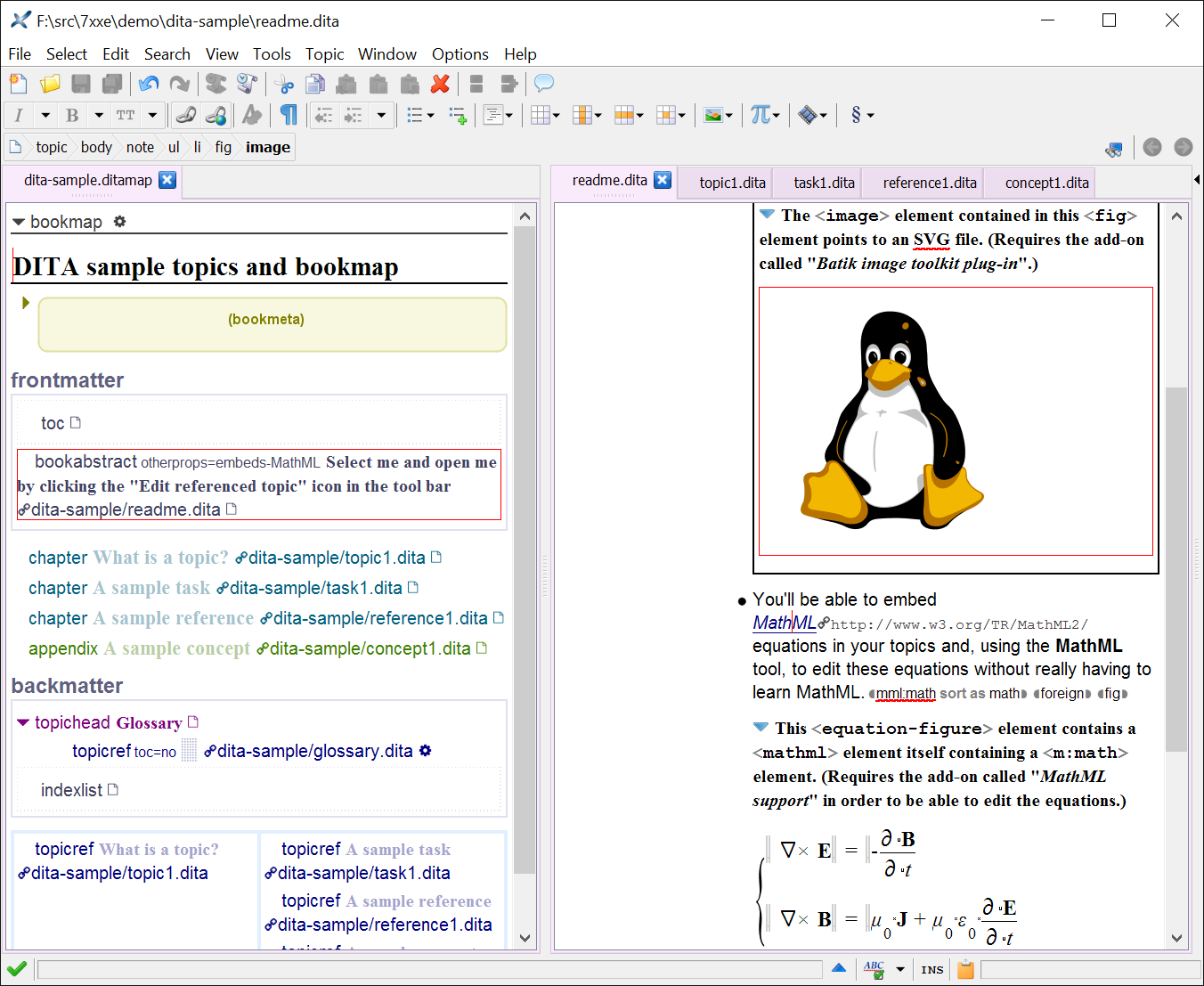 A DITA map (master document) and topics (module documents) side by side