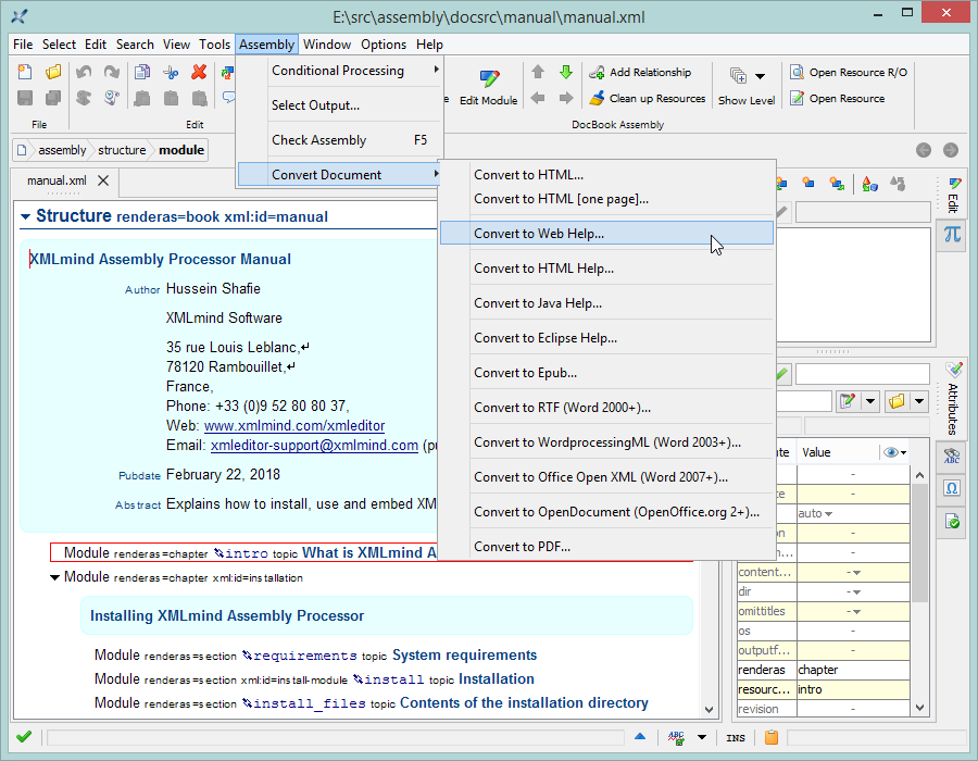 This assembly manual.xml opened in XMLmind XML Editor