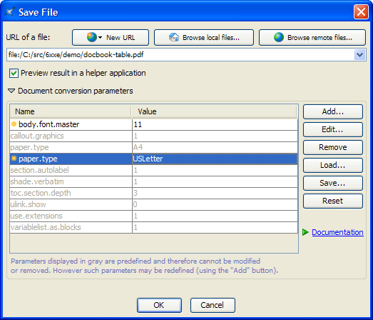 An URL chooser dialog box having an expanded "Document conversion parameters" panel