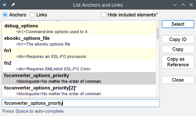 The "List Anchors and Links" dialog box